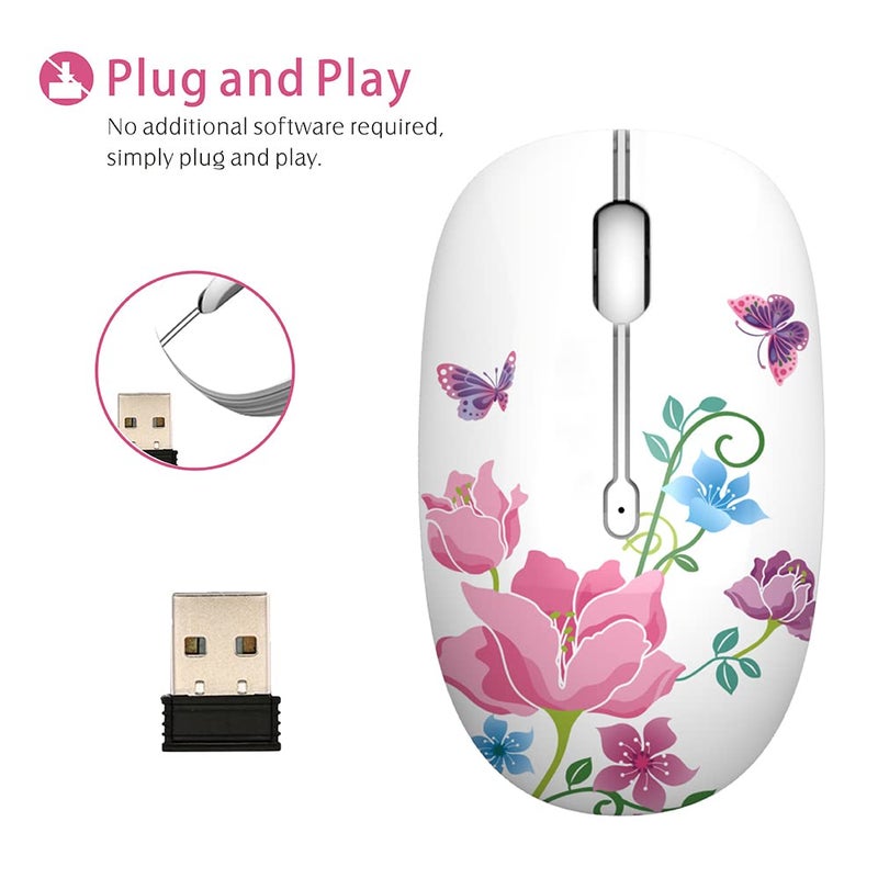 TENMOS M101 Wireless Mouse Cute Silent Computer Mice with USB Receiver, 2.4G Optical Wireless Travel Mouse 1600 DPI for Laptop, Notebook, PC, Computer (Butterfly) - Image 5